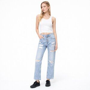 Misslook Y2K Distressed Straight Leg Jeans High Rise Button Fly Light Wash 27
